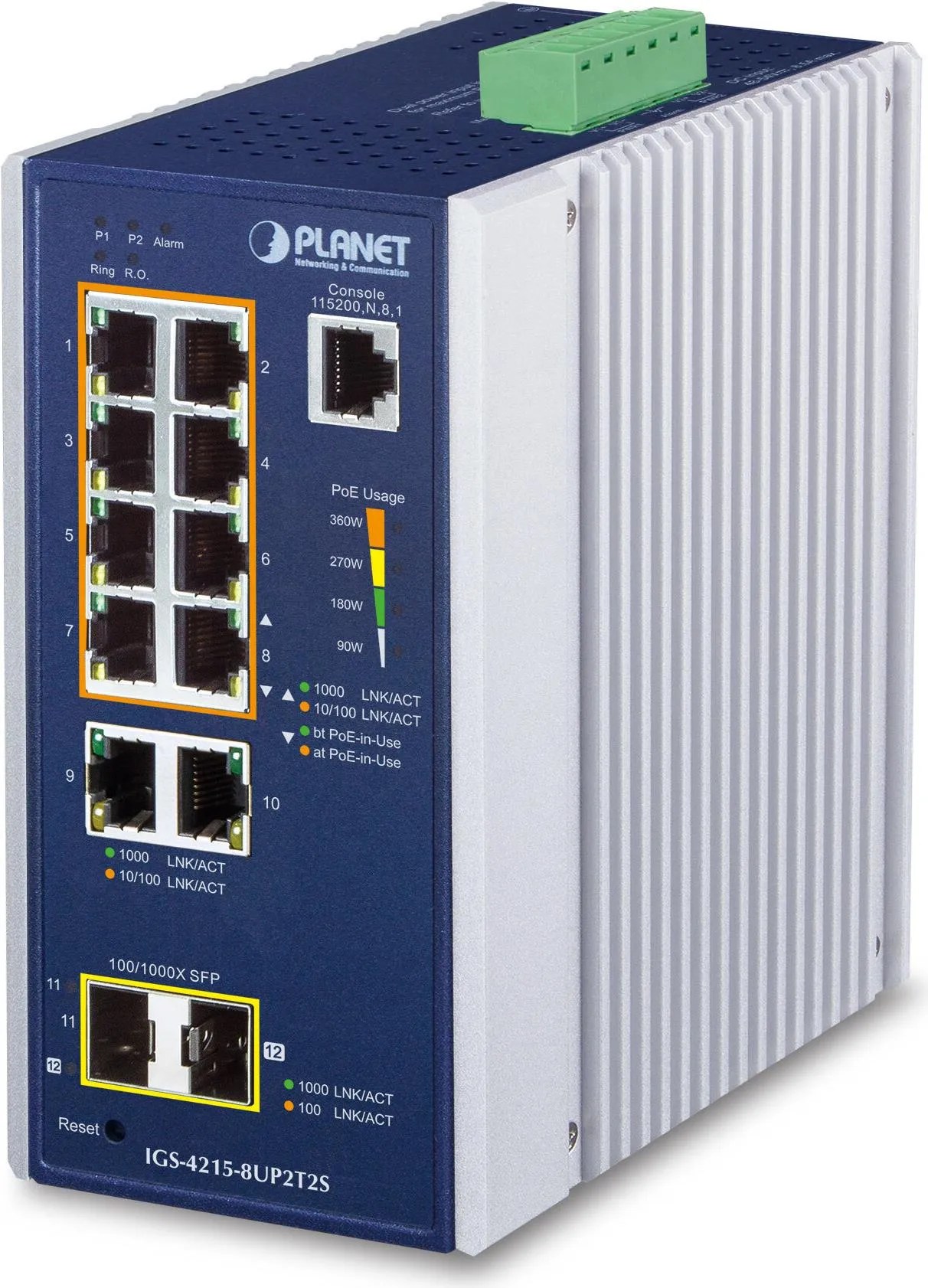 Planet IGS-4215-8UP2T2S IP30 Industrial L2/L4 8-Port 10/100/1000T 802.3bt PoE + 2-Port 10/100/1000T + 2-Port 100/1000X SFP Managed Switch