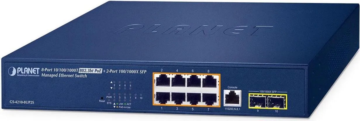 PLANET IPv6/IPv4, 8-Port Gestito L2/L4 Gigabit Ethernet (10/100/1000) Supporto Power over Ethernet (PoE) 1U Blu