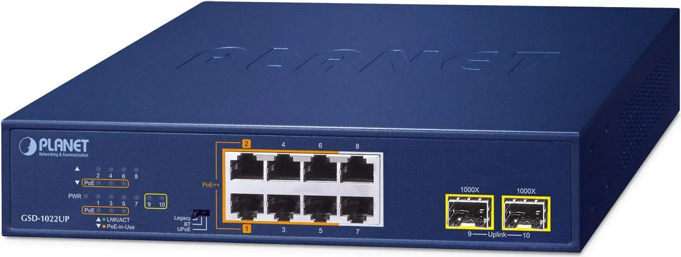 PLANET 2-Port 10/100/1000T 802.3bt Non gestito Gigabit Ethernet (10/100/1000) Supporto Power over Ethernet (PoE) Blu