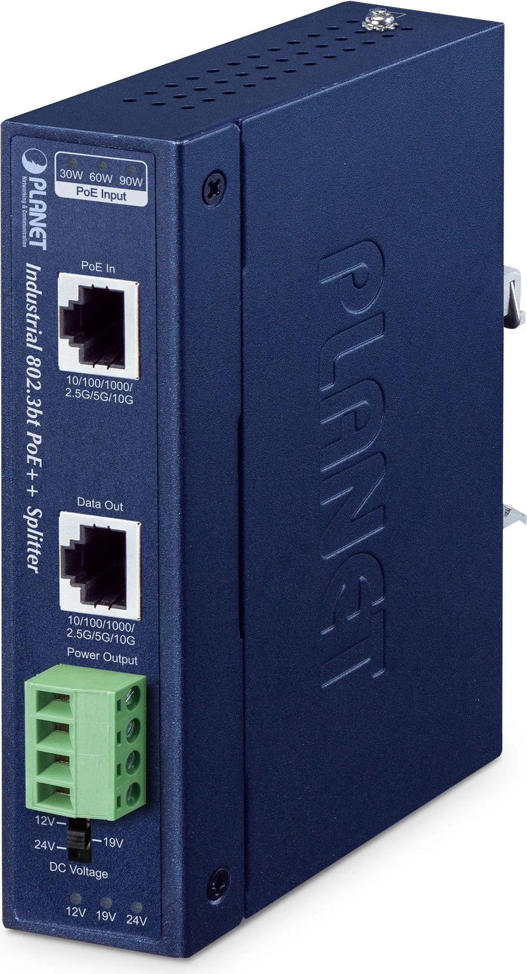 PLANET IP30 Industrial Single-Port 10Gbps 802.3bt PoE++ Splitter 24 V