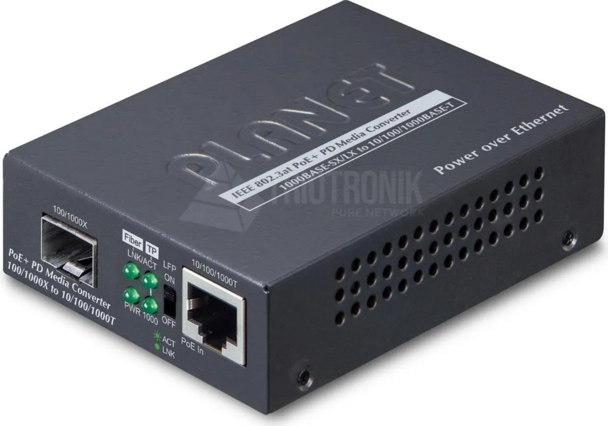 PLANET 802.3at PoE+ PD convertitore multimediale di rete 2000 Mbit/s Nero
