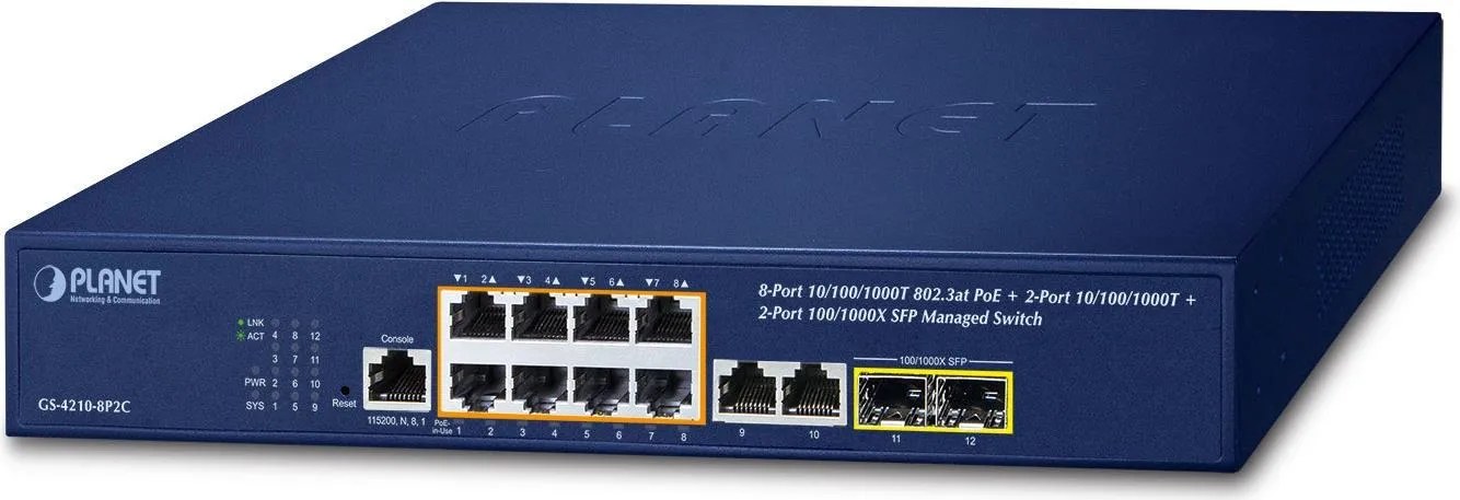 PLANET IPv4/IPv6, 8-Port Managed Gestito L2/L4 Gigabit Ethernet (10/100/1000) Supporto Power over Ethernet (PoE) 1U Blu