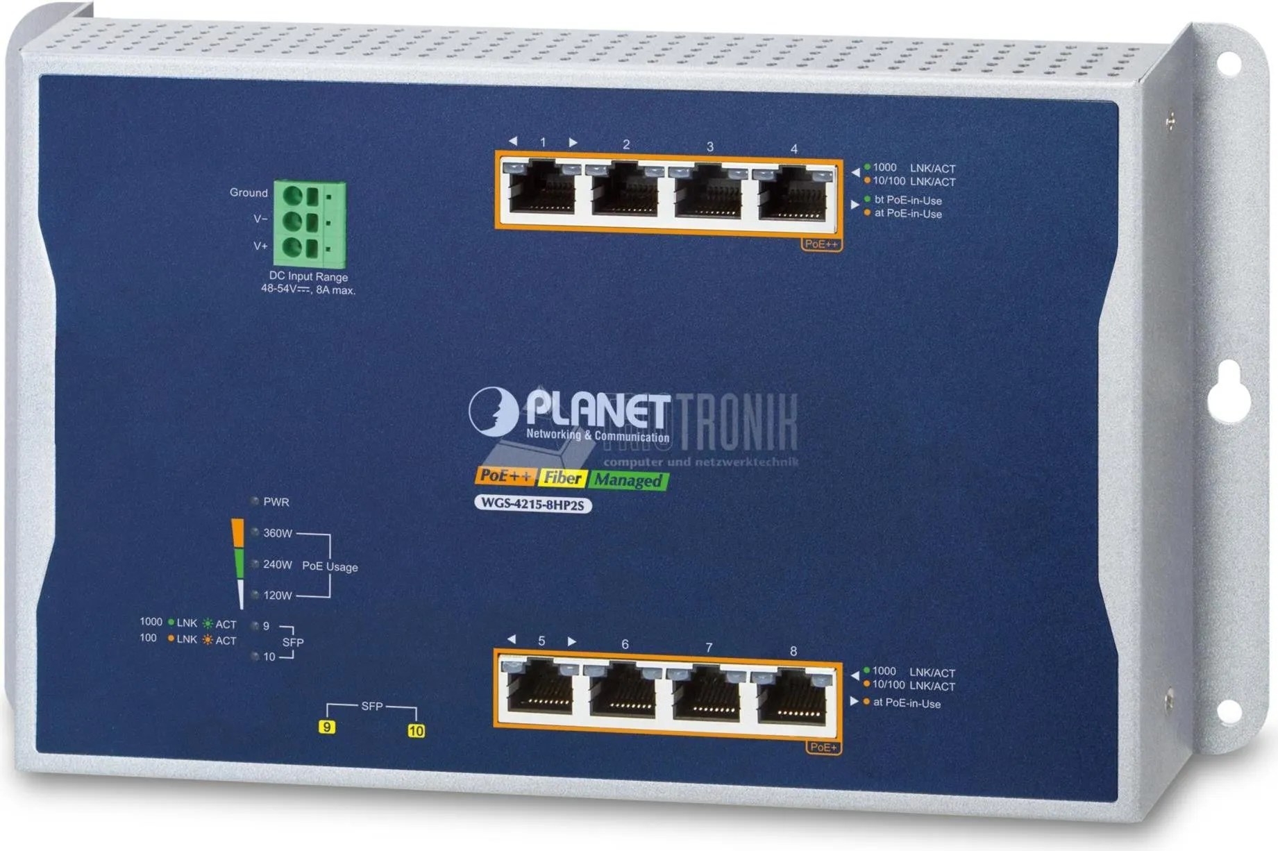 PLANET IP30, IPv6/IPv4, 4-Port Gestito L2/L2+ Gigabit Ethernet (10/100/1000) Supporto Power over Ethernet (PoE) Blu, Grigio