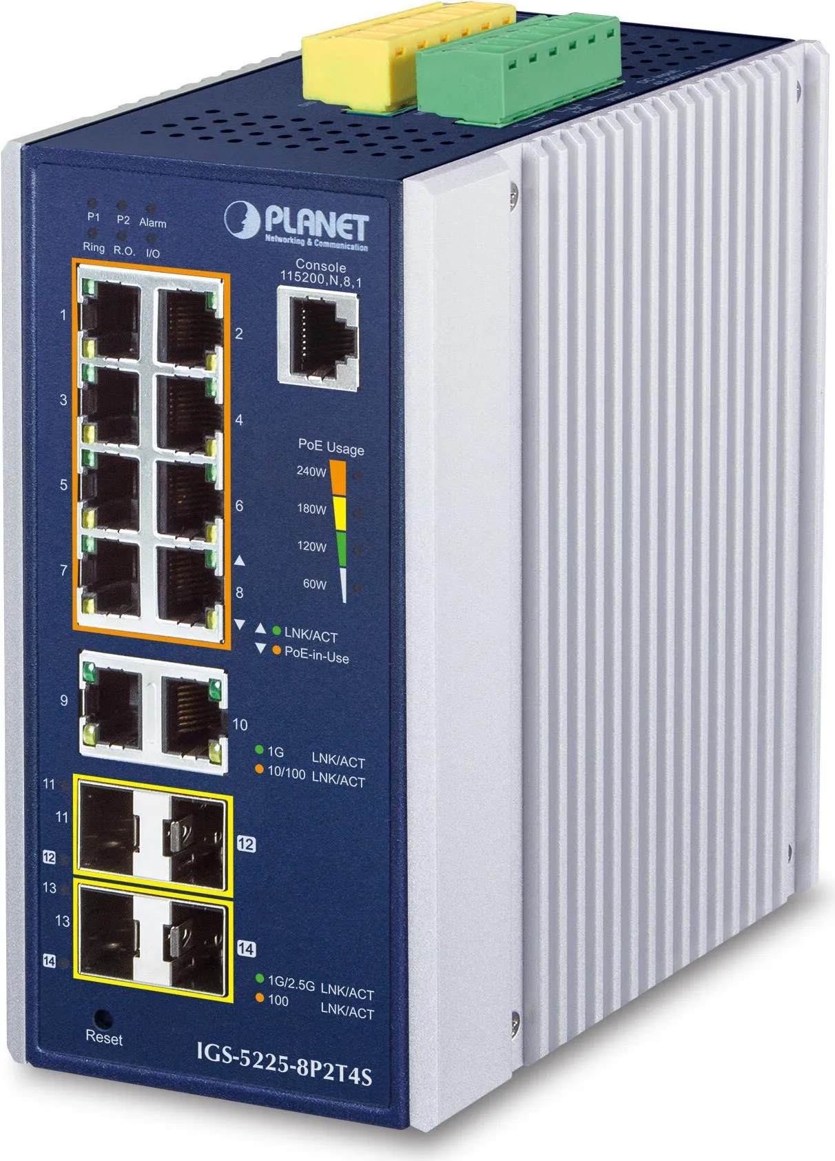 PLANET IP30 Industrial L2+/L4 8-Port Gestito L2+ Gigabit Ethernet (10/100/1000) Alluminio, Blu