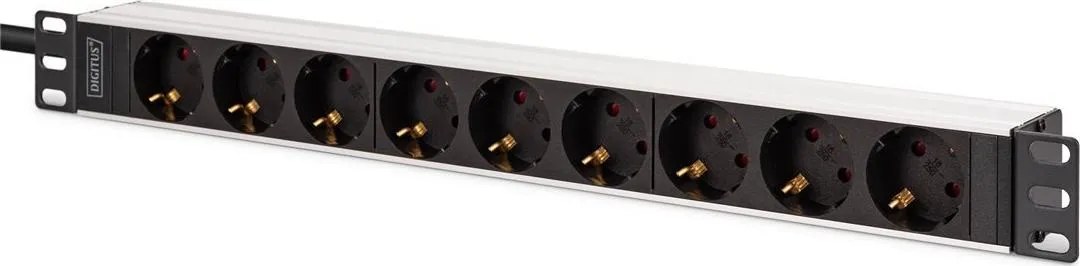Striscia di alimentazione PDU Rack 19", 9 prese Schuko CEE 7/3 (45°), cavo da 2m, spina IEC C20, 16A, alluminio