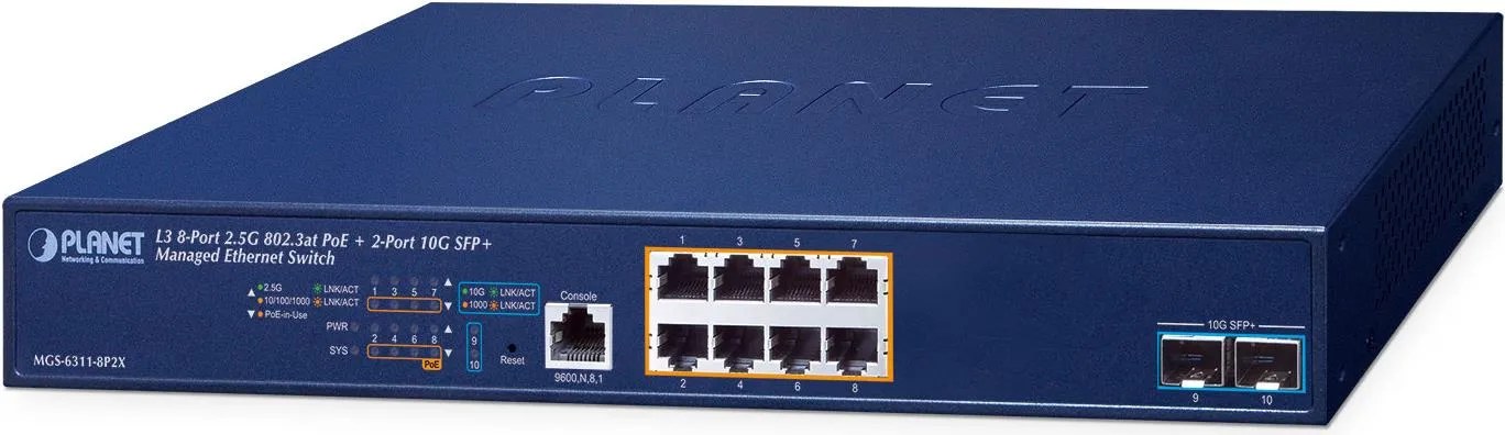 PLANET Layer 3, 8-Port 2.5GBASE-T Gestito L3 2.5G Ethernet (100/1000/2500) Supporto Power over Ethernet (PoE) 1U Blu