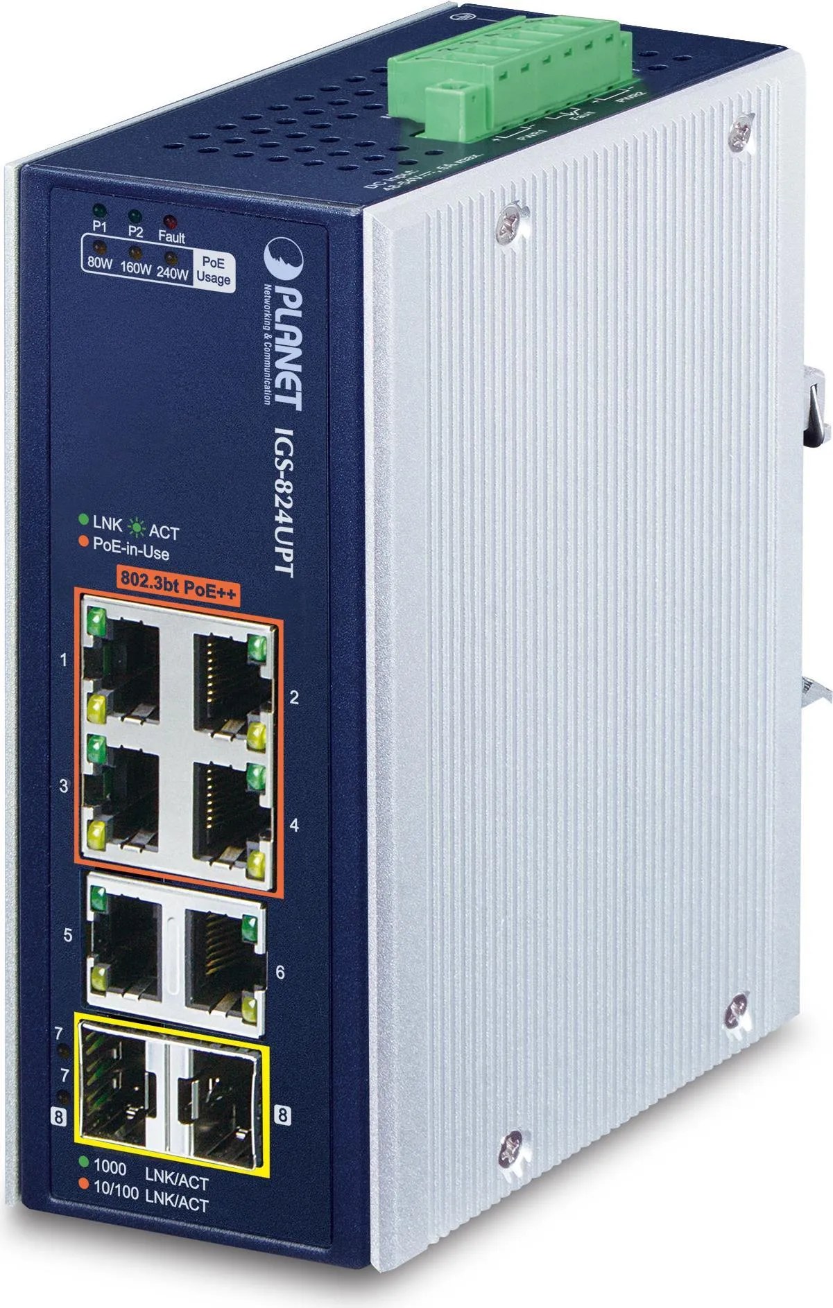 PLANET IP30 Industrial 4-Port Non gestito Gigabit Ethernet (10/100/1000) Supporto Power over Ethernet (PoE) Blu, Bianco
