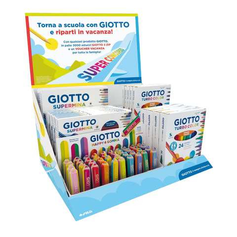 GIOTTO ESPOSITORE CON PASTELLI SUPERMINA PENNARELLI TURBOCOLOR E GOMME HAPPY 4 COLORI ASSORTITI CONF 70 Pz.