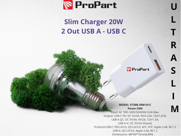 SLIM CARICA BATTERIE 20W 2 OUT USB A - USB C