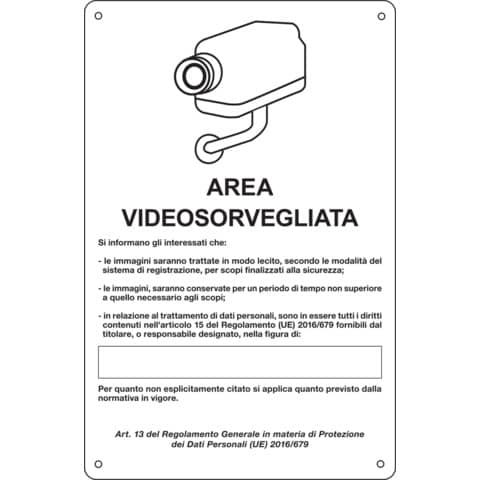 Cartello segnalatore - 20x30 cm - AREA VIDEOSORVEGLIATA …
