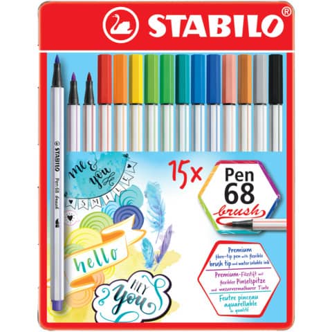 Pennarelli Pen 68 Brush - colori assortiti - Stabilo - scatola metallo 15 pezzi