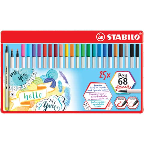 Pennarelli Pen 68 Brush - colori assortiti - Stabilo - scatola metallo 25 pezzi