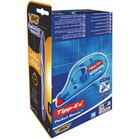 Correttore a nastro Pocket Mouse Tipp-Ex + penna Gelocity QuickDry Bic - promo box 10 + 1 pezzi