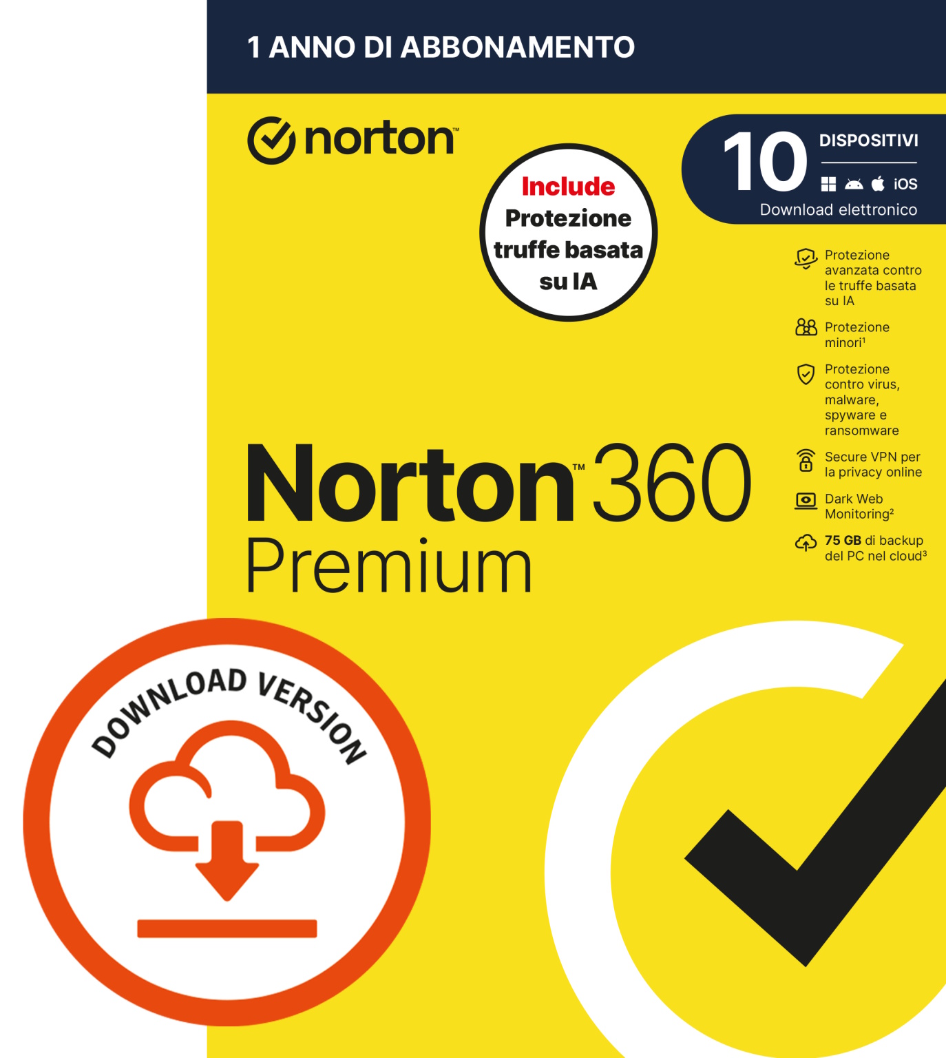 SYMANTEC NORTON 360 PREMIUM 2026 - ANTITRUFFA-10 DISPOSITIVI 12 MESI 75GB - IT ESD