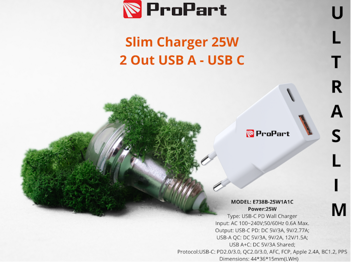 SLIM CARICA BATTERIE 25W 2 OUT USB A - USB C