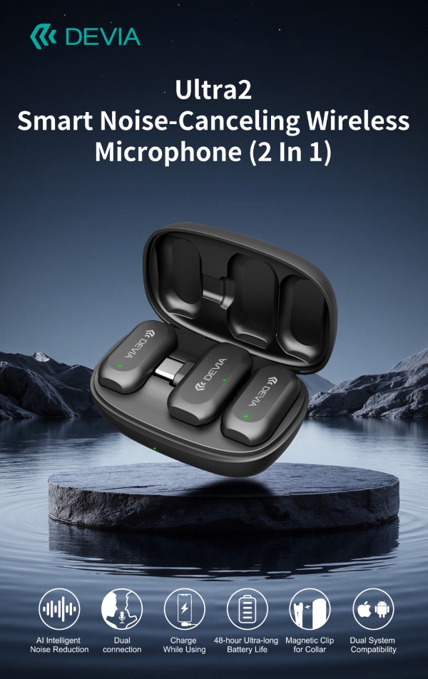 ULTRA2 DOPPIO MICROFONO WIRELESS CON RIDUZIONE RUMORE AI E CLIP MAGNETICA CONNESSIONE TIPO-C E LIGHTNING