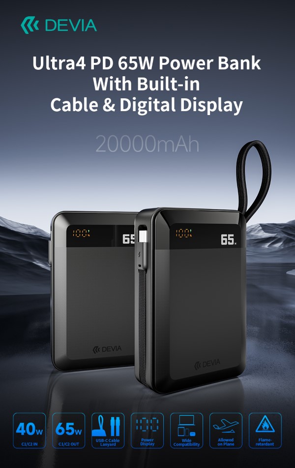 POWER BANK ULTRA4 PD 65W CON CAVO INTEGRATO E DISPLAY DIGITALE 20000MAH