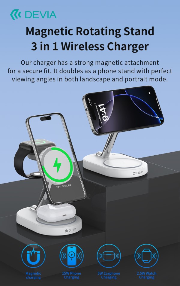 SUPPORTO MAGNETICO E CARICA WIRELESS 15 WATT PER SMARTPHONE APPLE WATCH E AIRPODS