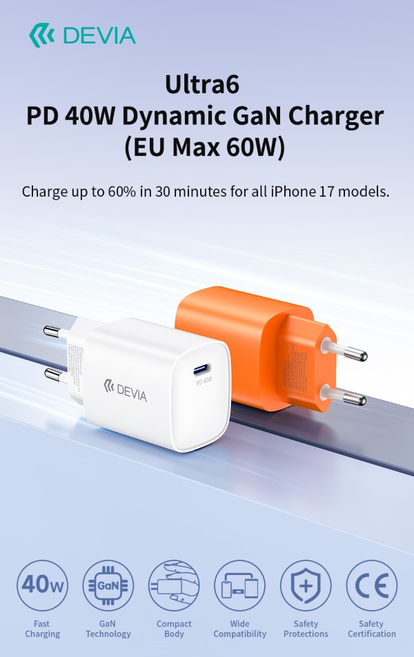 ULTRA6 GAN FAST CHARGER PD 40W / EU 60W Â€" USB-C RICARICA RAPIDA BIANCO