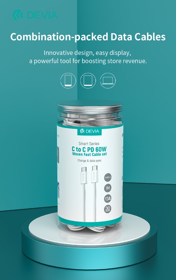 SET CAVI IN BARATTOLO USB-C A USB-C PD 60W INTRECCIATI FAST CHARGE (30 PEZZI, 1 M, 3A)