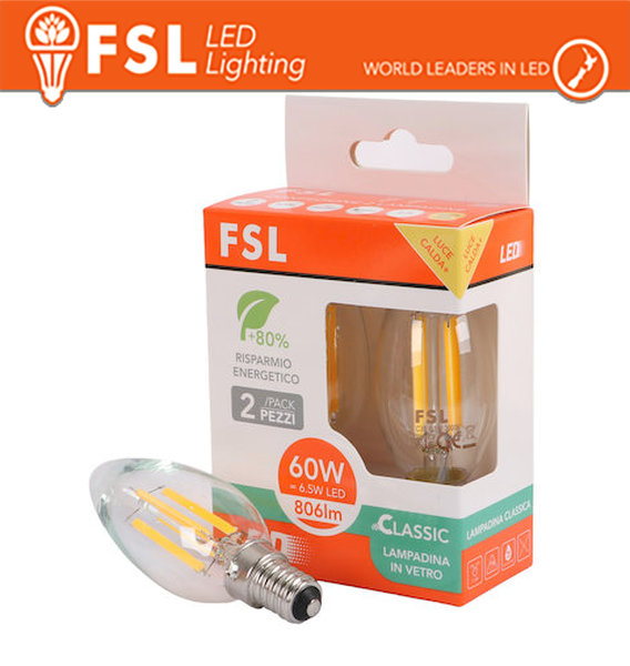 LAMPADA FILAMENTO SFERA C35FC 6.5W 3000K E14 - CONFEZIONE 2PACK