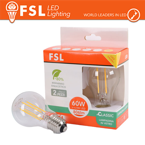 LAMPADA FILAMENTO SFERA A60FC 6.5W 3000K E27 - CONFEZIONE 2PACK