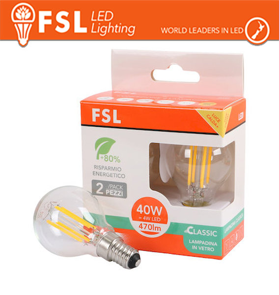 LAMPADA FILAMENTO SFERA G45FC 4W 3000K E14 - CONFEZIONE 2PACK