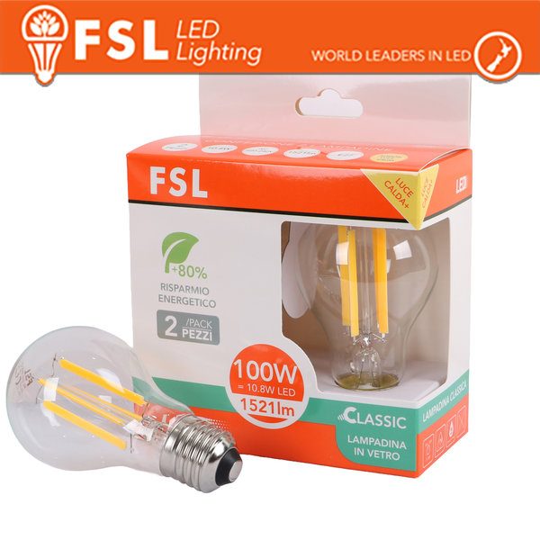 LAMPADA FILAMENTO SFERA A60FC 10.8W 3000K E27 - CONFEZIONE 2PACK