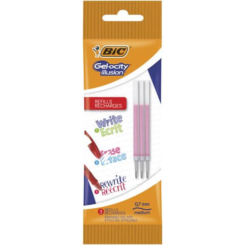 Refill a sfera gel cancellabile Gelocity Illusion - punta 0,7mm - rosso - Bic - conf. 3 pezzi
