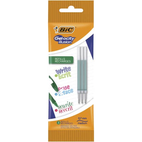 Refill a sfera gel cancellabile Gelocity Illusion - punta 0,7mm - verde - Bic - conf. 3 pezzi