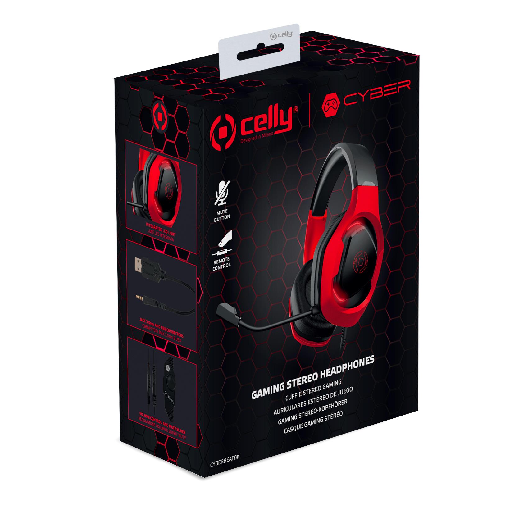 Celly Gaming CyberBeat - Cuffie con microfono - dimensione completa - cablato - USB, jack 3,5 mm - rosso