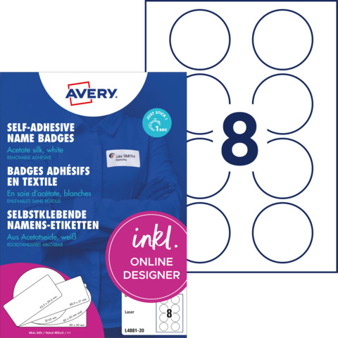 Etichette badge - rimovibili - per stampanti laser - diametro 65 mm - 8 et/fg - 20 fogli A4 - seta acetata - bianco - Avery