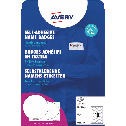 Etichette badge - rimovibili - per stampanti inkjet - ovali - 85 x 50 mm - 10 et/fg - 20 fogli A4 - seta acetata - bianco - Avery