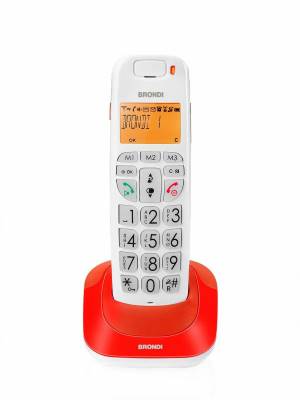Telefono Cordless Brondi Bravo Bright Rosso - <p><span style="font-family: Arial;">CORDLESS BRAVO BRIGHT</span></p><ul> <li><span style="font-family: Arial;">con ampio display retroilluminato e grandi numeri</span></li></ul><ul> <li><span style="font-family: Arial;">Il senior cordless Bravo Bright di Brondi, disponibile in quattro colorazioni, ha un ampio display alfanumerico, retroilluminato nella colorazione arancio, di facile lettura cos&igrave; come i suoi grandi tasti con i quali sar&