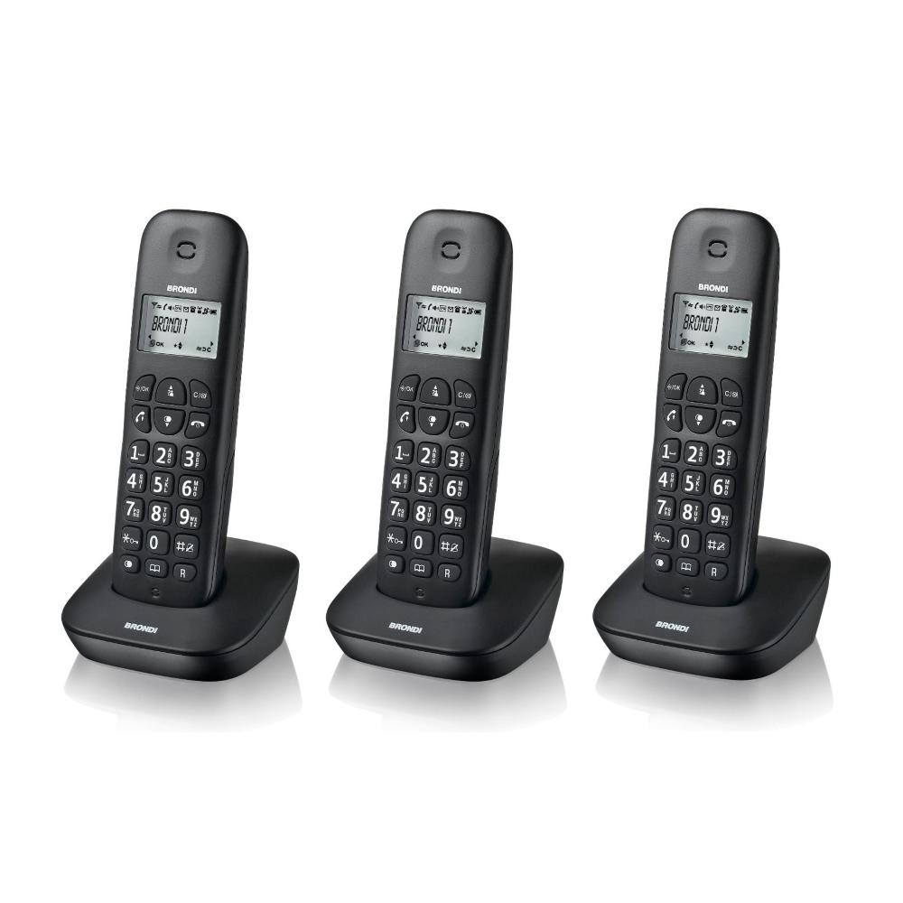 Telefono Cordless Brondi Gala Trio Nero - <ul> <li>I cordless Gala Trio di Brondi sono dotati di un grande display alfanumerico con men&ugrave; intuitivo e sono venduti gi&agrave; pronti per l&rsquo;utilizzo</li> <li>Il secondo e il terzo portatile non necessitano di presa telefonica e le chiamate interne tra i portatili sono a costo zero</li> <li>Avrai a tua disposizione una vasta rubrica con 50 memorie alfanumeriche, la lista delle ultime 10 chiamate ricevute (nome, data, ora) e degli