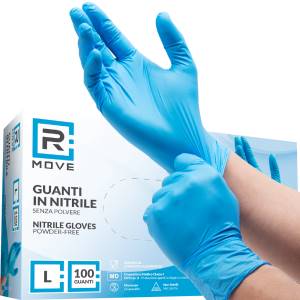 RMove 1Conf. da 100pz Tg.L - Guanti Nitrile Blu uso Medico Senza Polvere - <p>GUANTI IN NITRILE SENZA POLVERE</p><p>DPI Cat.3 - per protezione da agenti biologici (batteri, funghi e virus) e chimici (Reg EU 2016/425)</p><p>Dispositivo Medico Classe I</p><p>Guanti monouso da esplorazione e protettivi realizzati in nitrile, privi di polvere, non sterili (Controllare che non presentino danni prima dell'uso. Non utilizzare guanti danneggiati.)</p><p>&nbsp;</p><h2>Informazioni su questo articolo</h2>