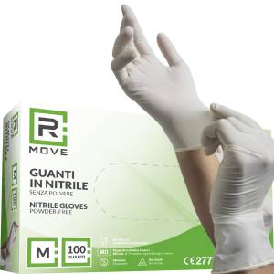 RMove 1Conf. da 100pz Tg.M - Guanti Nitrile Bianco Uso Medico Senza Polvere - <p>&nbsp;GUANTI IN NITRILE SENZA POLVERE</p><p>DPI Cat.3 - per protezione da agenti biologici (batteri, funghi e virus) e chimici (Reg EU 2016/425)</p><p>Dispositivo Medico Classe I</p><p>Guanti monouso da esplorazione e protettivi realizzati in nitrile, privi di polvere, non sterili (Controllare che non presentino danni prima dell'uso. Non utilizzare guanti danneggiati.)</p><p>&nbsp;</p><p>Conformi a Regolamento sui r