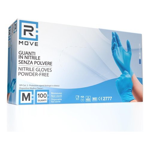 RMove 1Conf. da 100pz Tg.M - Guanti Nitrile Blu uso Medico Senza Polvere - <p>GUANTI IN NITRILE SENZA POLVERE</p><p>DPI Cat.3 - per protezione da agenti biologici (batteri, funghi e virus) e chimici (Reg EU 2016/425)</p><p>Dispositivo Medico Classe I</p><p>Guanti monouso da esplorazione e protettivi realizzati in nitrile, privi di polvere, non sterili (Controllare che non presentino danni prima dell'uso. Non utilizzare guanti danneggiati.)</p><h2>Informazioni su questo articolo</h2><h2><ul class