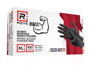 RMove 1Conf. da 100pz Tg.XL 8.5gr da Lavoro - Guanti Nitrile Nero Senza Polvere Full Grip - <p>&nbsp;GUANTI IN NITRILE SENZA POLVERE</p><p>DPI Cat.3 - per protezione da agenti biologici (batteri, funghi e virus) e chimici (Reg EU 2016/425)</p><p>Guanti monouso da esplorazione e protettivi realizzati in nitrile, privi di polvere, non sterili (Controllare che non presentino danni prima dell'uso. Non utilizzare guanti danneggiati.)</p><p>Conformi a Regolamento sui dispositivi di protezione individu