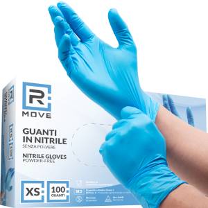 RMove 1Conf. da 100pz Tg.XS - Guanti Nitrile Blu uso Medico Senza Polvere - <p>GUANTI IN NITRILE SENZA POLVERE</p><p>DPI Cat.3 - per protezione da agenti biologici (batteri, funghi e virus) e chimici (Reg EU 2016/425)</p><p>Dispositivo Medico Classe I</p><p>Guanti monouso da esplorazione e protettivi realizzati in nitrile, privi di polvere, non sterili (Controllare che non presentino danni prima dell'uso. Non utilizzare guanti danneggiati.)</p><p>&nbsp;</p><h2>Informazioni su questo articolo</h2