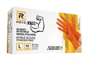 RMove 1Conf. da 50pz Tg.L 8.5gr da Lavoro - Guanti Nitrile Arancione Senza Polvere Full Grip - <p>&nbsp;GUANTI IN NITRILE SENZA POLVERE</p><p>DPI Cat.3 - per protezione da agenti biologici (batteri, funghi e virus) e chimici (Reg EU 2016/425)</p><p>Guanti monouso da esplorazione e protettivi realizzati in nitrile, privi di polvere, non sterili (Controllare che non presentino danni prima dell'uso. Non utilizzare guanti danneggiati.)</p><p>Conformi a Regolamento sui dispositivi di protezione indiv