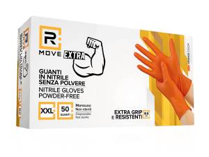RMove 1Conf. da 50pz Tg.XXL 8.5gr da Lavoro - Guanti Nitrile Arancione Senza Polvere Full Grip - <p>GUANTI IN NITRILE SENZA POLVERE</p><p>DPI Cat.3 - per protezione da agenti biologici (batteri, funghi e virus) e chimici (Reg EU 2016/425)</p><p>Guanti monouso da esplorazione e protettivi realizzati in nitrile, privi di polvere, non sterili (Controllare che non presentino danni prima dell'uso. Non utilizzare guanti danneggiati.)</p><p>&nbsp;Conformi a Regolamento sui dispositivi di protezione ind