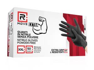 RMove 1Conf. da 50pz Tg.XXL 8.5gr da Lavoro - Guanti Nitrile Nero Senza Polvere Full Grip - <p>&nbsp;GUANTI IN NITRILE SENZA POLVERE</p><p>DPI Cat.3 - per protezione da agenti biologici (batteri, funghi e virus) e chimici (Reg EU 2016/425)</p><p>Guanti monouso da esplorazione e protettivi realizzati in nitrile, privi di polvere, non sterili (Controllare che non presentino danni prima dell'uso. Non utilizzare guanti danneggiati.)</p><p>Conformi a Regolamento sui dispositivi di protezione individu