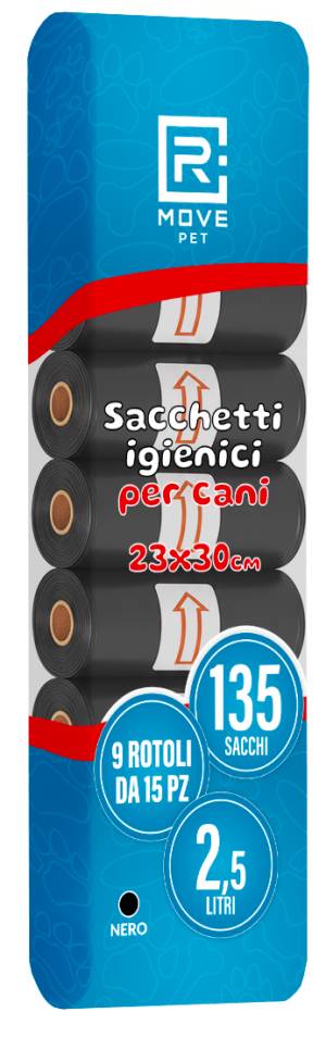 RMove Sacchi Rifiuti Animali 9 Rotoli da 15 Sacchi Nero - <p>&nbsp;<b style="text-align: center;">Sacchi Rifiuti per Animali</b></p><p>&nbsp;</p><p><b>Igiene garantita per ogni passeggiata</b>.<br />I sacchetti rifiuti RMOVE sono progettati per offrire massima pulizia e praticit&agrave; durante le passeggiate. Niente pi&ugrave; cattivi odori o sorprese spiacevoli!</p><p>&nbsp;</p><p><b>Extra resistenti e antistrappo</b>.<br />Realizzati con materiali spessi e durevoli, i nostri sacchettini non s