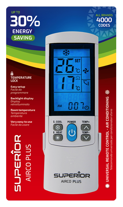 Superior Telecomando Universale Climatizzatori AirCo Plus illuminato - <p>DESCRIZIONE</p><p>Telecomando universale ad infrarossi per condizionatori d&rsquo;aria 4000 codici in un telecomando Compatibile con tutti i marchi pi&ugrave; importanti Include tutte le funzioni principali del tuo telecomando originale. Funzioni secondarie coperte dal pannello scorrevole. Funzione &ldquo;Temperature lock&rdquo;</p><p>&nbsp;</p><p>SPECIFICHE TECNICHE</p><p>4000 Codci. Funzioni &ldquo;i.COOL&rdquo; ed &ldq