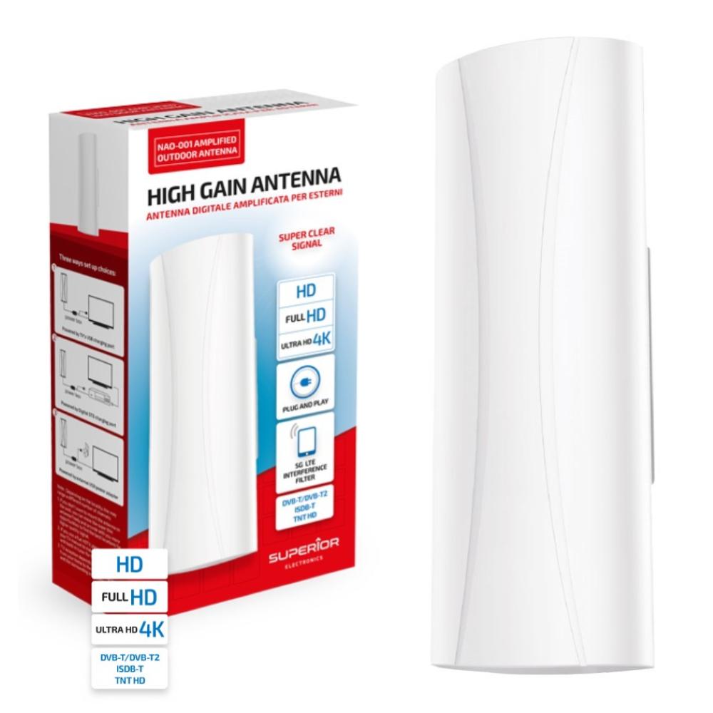 Superior Antenna TV Amplificata per Esterni DVB-2 IPX4 SUPNAO001 - <p>Antenna amplificata per esterni</p><div>Questa antenna &egrave; stata progettata per la ricezione del segnale TV analogico e digitale terrestre.</div><div>&nbsp;</div><div>&Egrave; in grado di ricevere tutti i segnali TV della vostra zona su banda UHF, cos&igrave; come il segnale radio FM. &Egrave; la soluzione ideale per la ricezione di segnali tanto in ambiente domestico quanto per i televisori portatili</div><div>&nbsp;</di