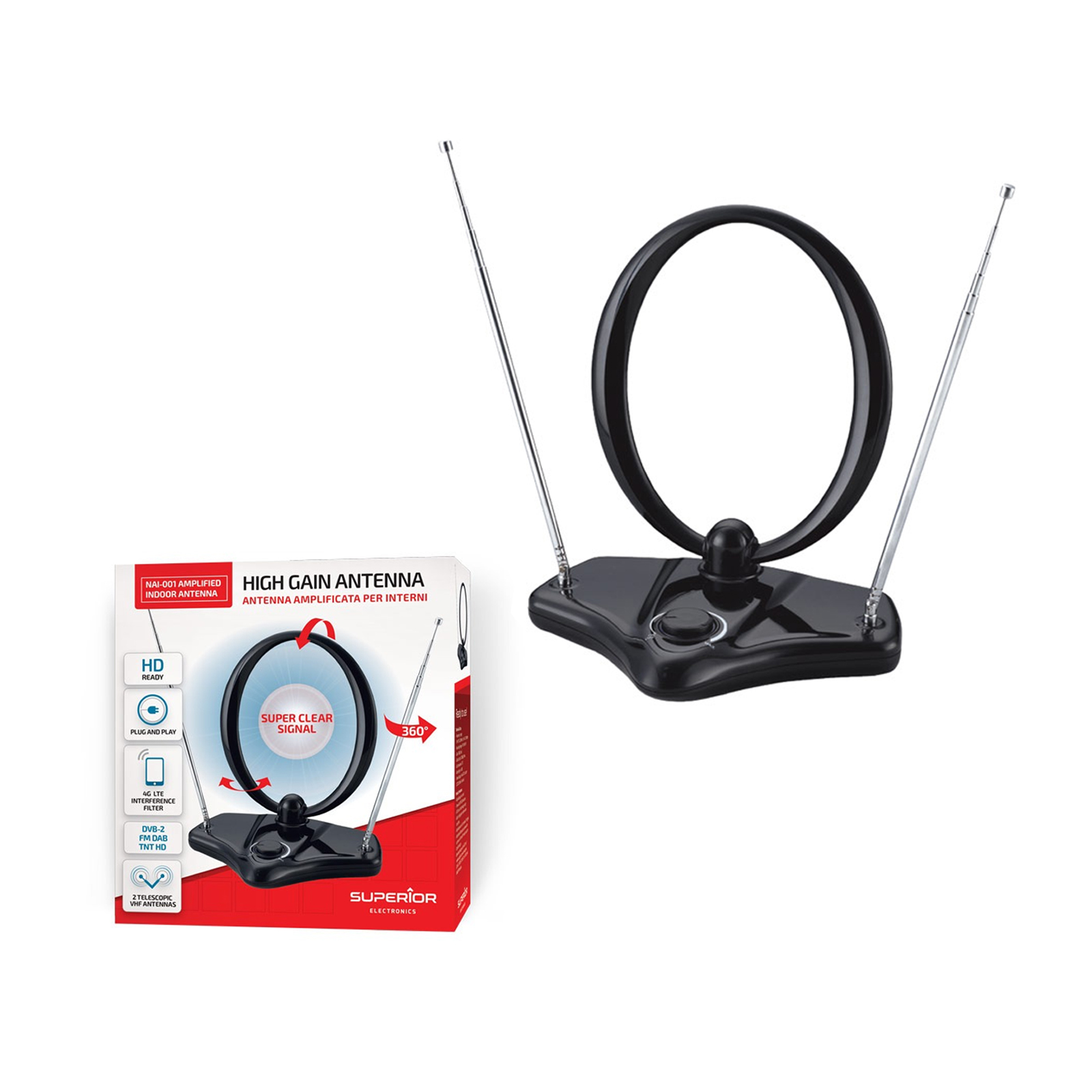 Superior Antenna TV Amplificata per Interni DVB-2 FM DAB TNT HD - <p>Questa antenna &egrave; stata progettata per la ricezione del segnale TV analogico e digitale terrestre. &Egrave; in grado di ricevere tutti i segnali TV della vostra zona su banda VHF e UHF, cos&igrave; come il segnale radio FM. &Egrave; la &nbsp;soluzione ideale per la ricezione di segnali tanto in ambiente domestico quanto per i televisori portatili.</p><p>&nbsp;</p><p class="MsoNormal">PESO: 0.385KG<o:p></o:p></p><p class="