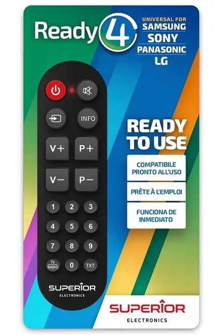 Superior Telecomando Ready 5 Universale (Samsung,LG,Panasonic,Sony) - <ul> <li>Telecomando universale per tutti i televisori Samsung, Sony, Panasonic e LG costruiti a partire dal 2000</li> <li>&Egrave; sufficiente inserire le batterie ed &egrave; pronto all&rsquo;uso: non richiede alcuna programmazione</li> <li>Tasti larghi e chiaramente riconoscibili</li></ul>