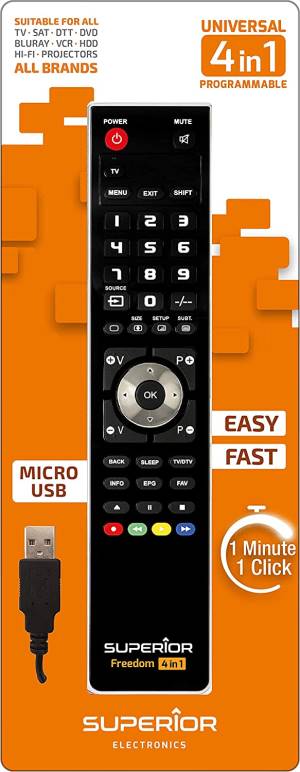 Superior Telecomando Universale Freedom Micro-USB 4 in 1 - <p class="MsoNormal" style="mso-margin-top-alt:auto;mso-margin-bottom-alt:auto;
line-height:normal"><span style="font-size: 9pt; font-family: Arial, sans-serif;">La programmazione richiede meno di un minuto, basta un doppio click su marca e modello<o:p></o:p></span></p><p class="MsoNormal" style="mso-margin-top-alt:auto;mso-margin-bottom-alt:auto;
line-height:normal"><span style="font-size: 9pt; font-family: Arial, sans-serif;">T