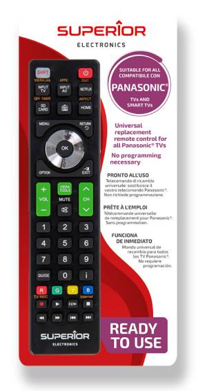 Superior Telecomando Universale Panasonic funzioni Smart TV SH - <p>Pronto all'uso non richiede programmazione</p><p class="MsoNormal"><o:p></o:p></p><p class="MsoNormal">Compatibile con tutte le TV di marca SONY<o:p></o:p></p><p class="MsoNormal">Compatibile con le funzioni SMART TV<o:p></o:p></p><p class="MsoNormal"><o:p>&nbsp;</o:p></p><p class="MsoNormal">PESO: 83 g<o:p></o:p></p><p class="MsoNormal">DIMENSIONI: 20,5 x 4,5 x 2,0 cm<o:p></o:p></p><p class="MsoNormal">BATTERIE: 2 x 1,5V &ndash